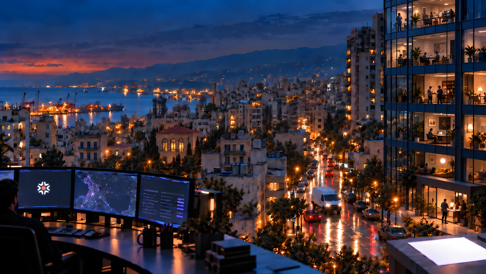A Beirut office at blue hour, connected to a service van and a client building across the city.